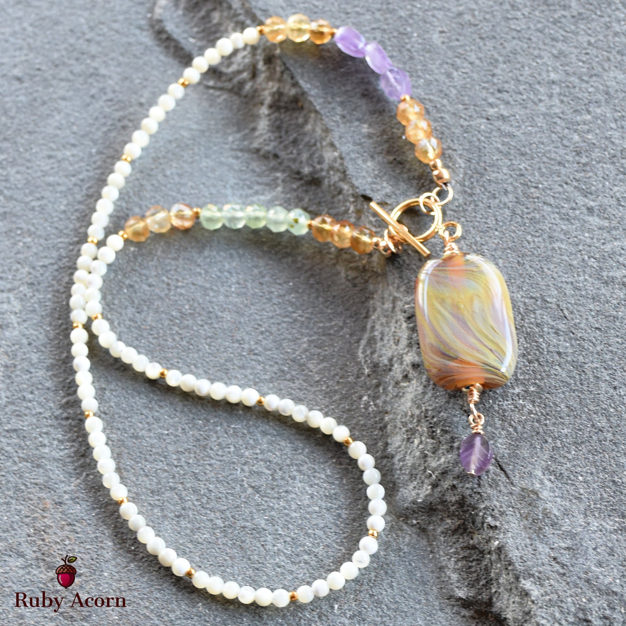 Aphrodite Handmade Beaded Necklace. Artisan Lampwork Glass, Citrine, Amethyst, Prehnite, Gold Filled Findings, Mother of Pearl