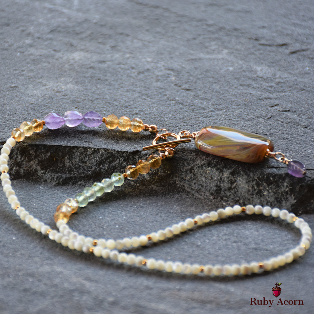Aphrodite Handmade Beaded Necklace. Artisan Lampwork Glass, Citrine, Amethyst, Prehnite, Gold Filled Findings, Mother of Pearl