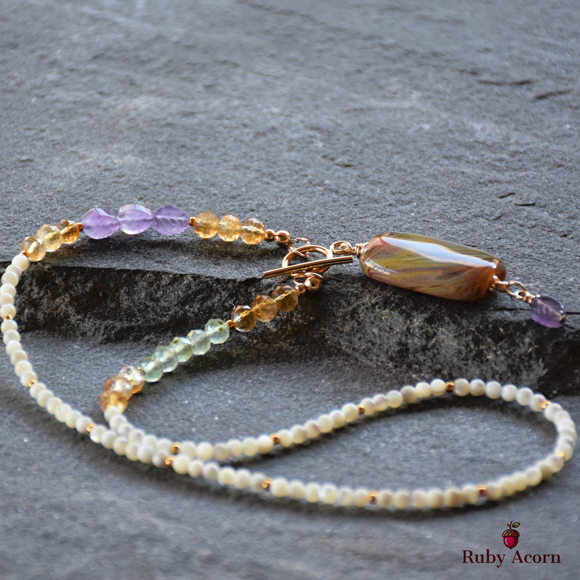 Aphrodite Handmade Beaded Necklace. Artisan Lampwork Glass, Citrine, Amethyst, Prehnite, Gold Filled Findings, Mother of Pearl