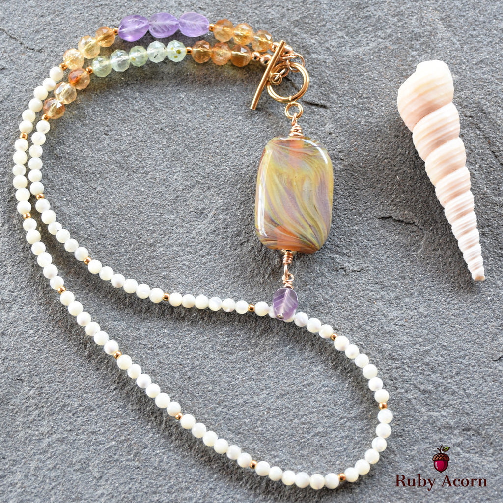 Aphrodite Handmade Beaded Necklace. Artisan Lampwork Glass, Citrine, Amethyst, Prehnite, Gold Filled Findings, Mother of Pearl