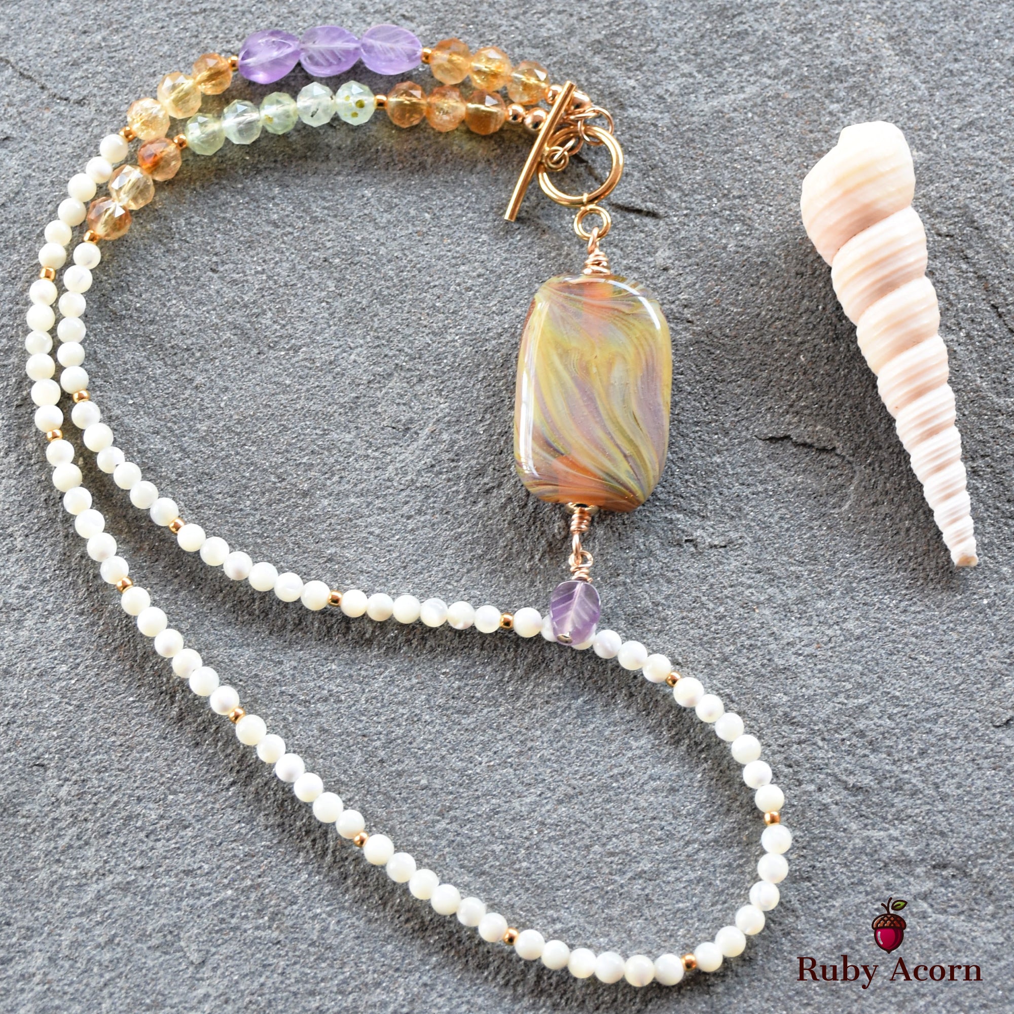 Aphrodite Handmade Beaded Necklace. Artisan Lampwork Glass, Citrine, Amethyst, Prehnite, Gold Filled Findings, Mother of Pearl