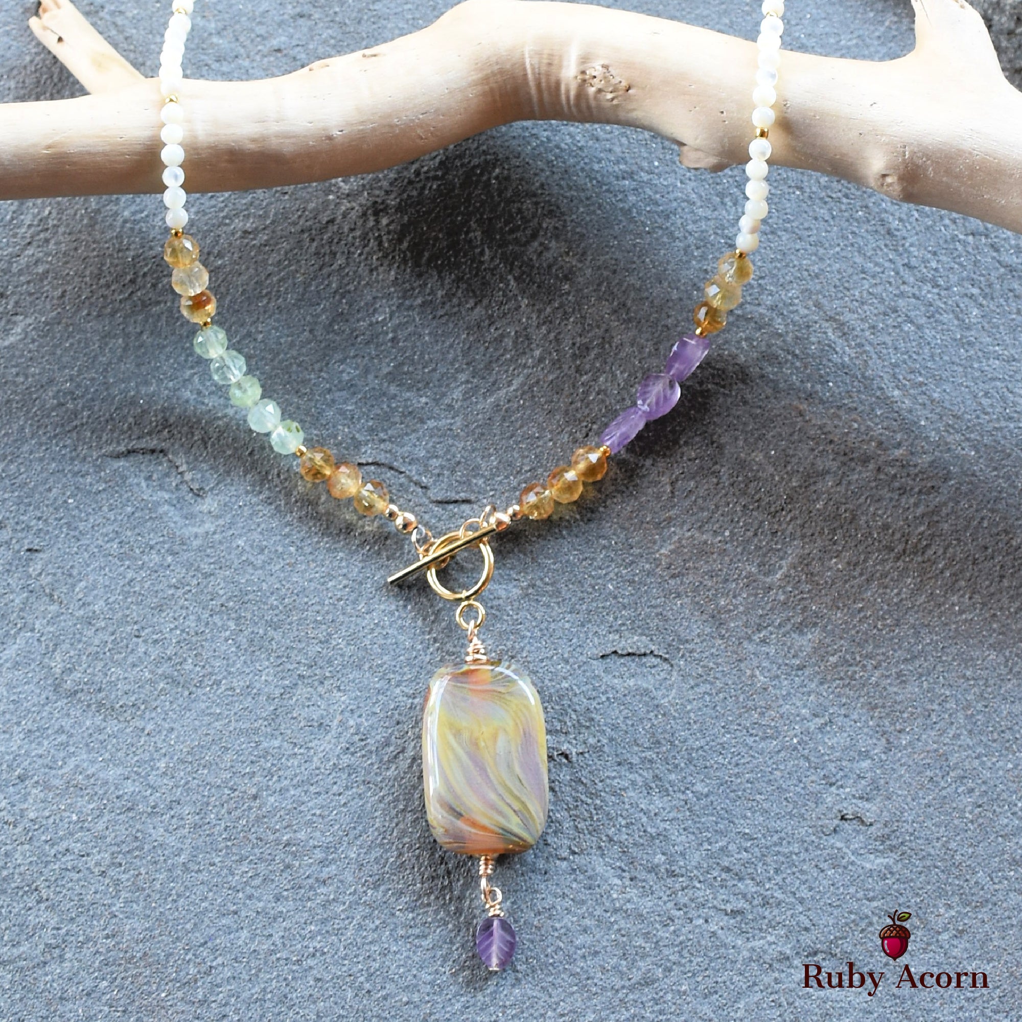 Aphrodite Handmade Beaded Necklace. Artisan Lampwork Glass, Citrine, Amethyst, Prehnite, Gold Filled Findings, Mother of Pearl