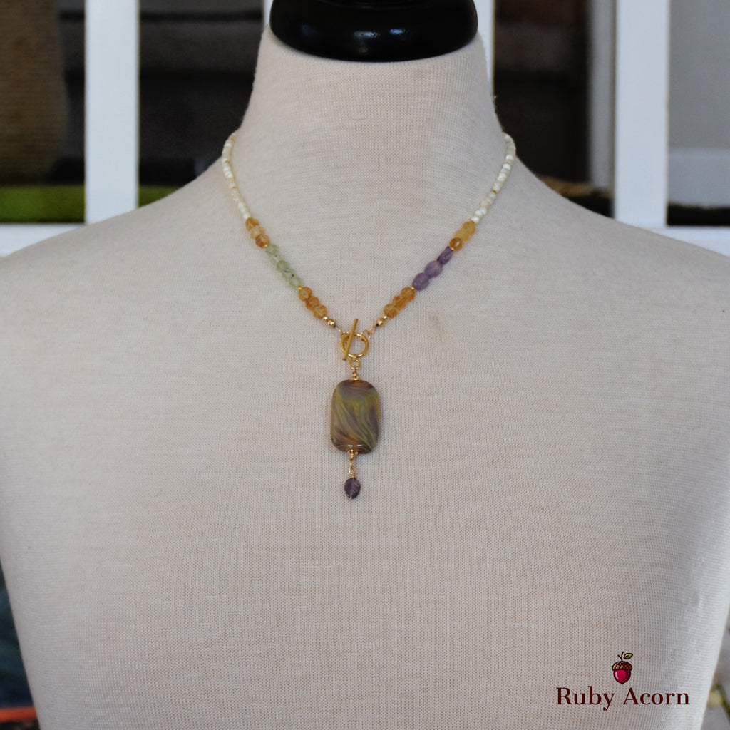 Aphrodite Handmade Beaded Necklace. Artisan Lampwork Glass, Citrine, Amethyst, Prehnite, Gold Filled Findings, Mother of Pearl