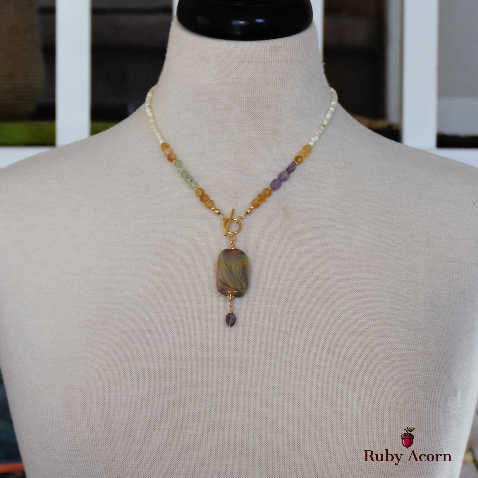 Aphrodite Handmade Beaded Necklace. Artisan Lampwork Glass, Citrine, Amethyst, Prehnite, Gold Filled Findings, Mother of Pearl