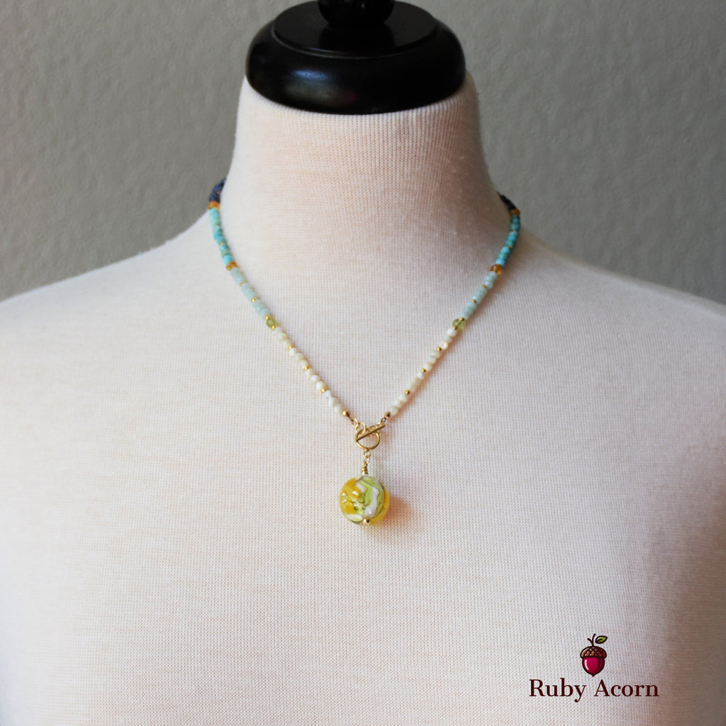Daylily Handmade Necklace. Artisan Lampwork Glass, Amazonite, Genuine Turquoise, Dumortierite, Peridot, Citrine, Gold filled findings