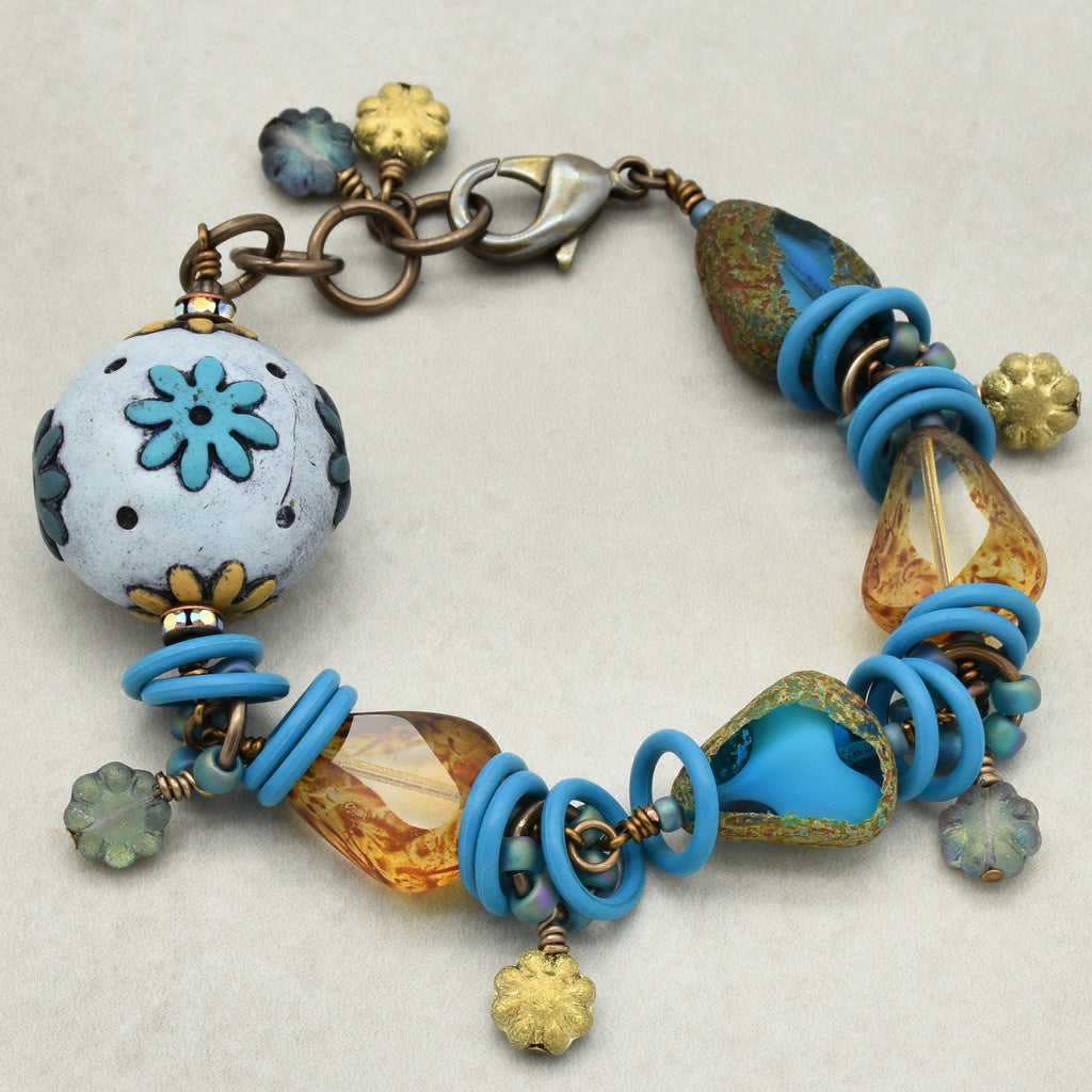 Handmade Beaded Bracelet - Denim Daisy, Artisan Polymer Clay and Czech Glass