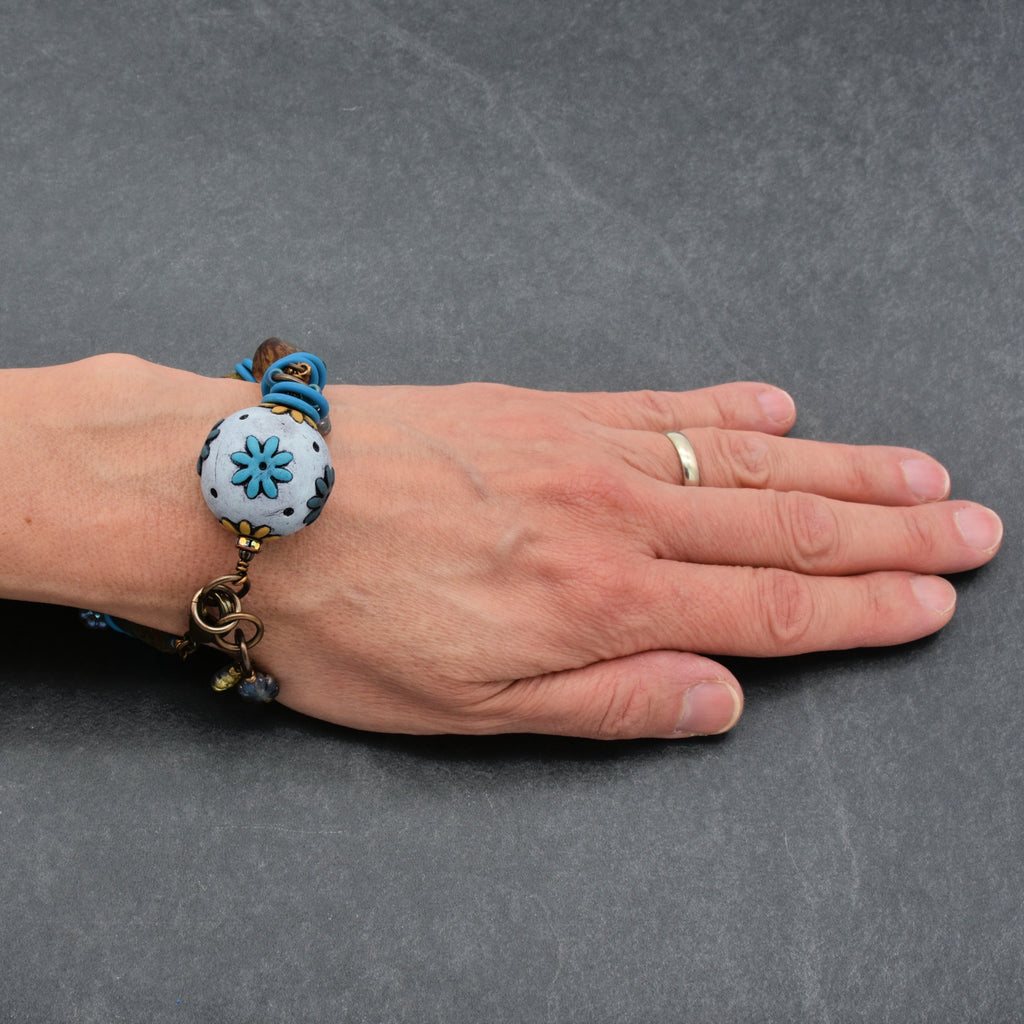 Handmade Beaded Bracelet - Denim Daisy, Artisan Polymer Clay and Czech Glass