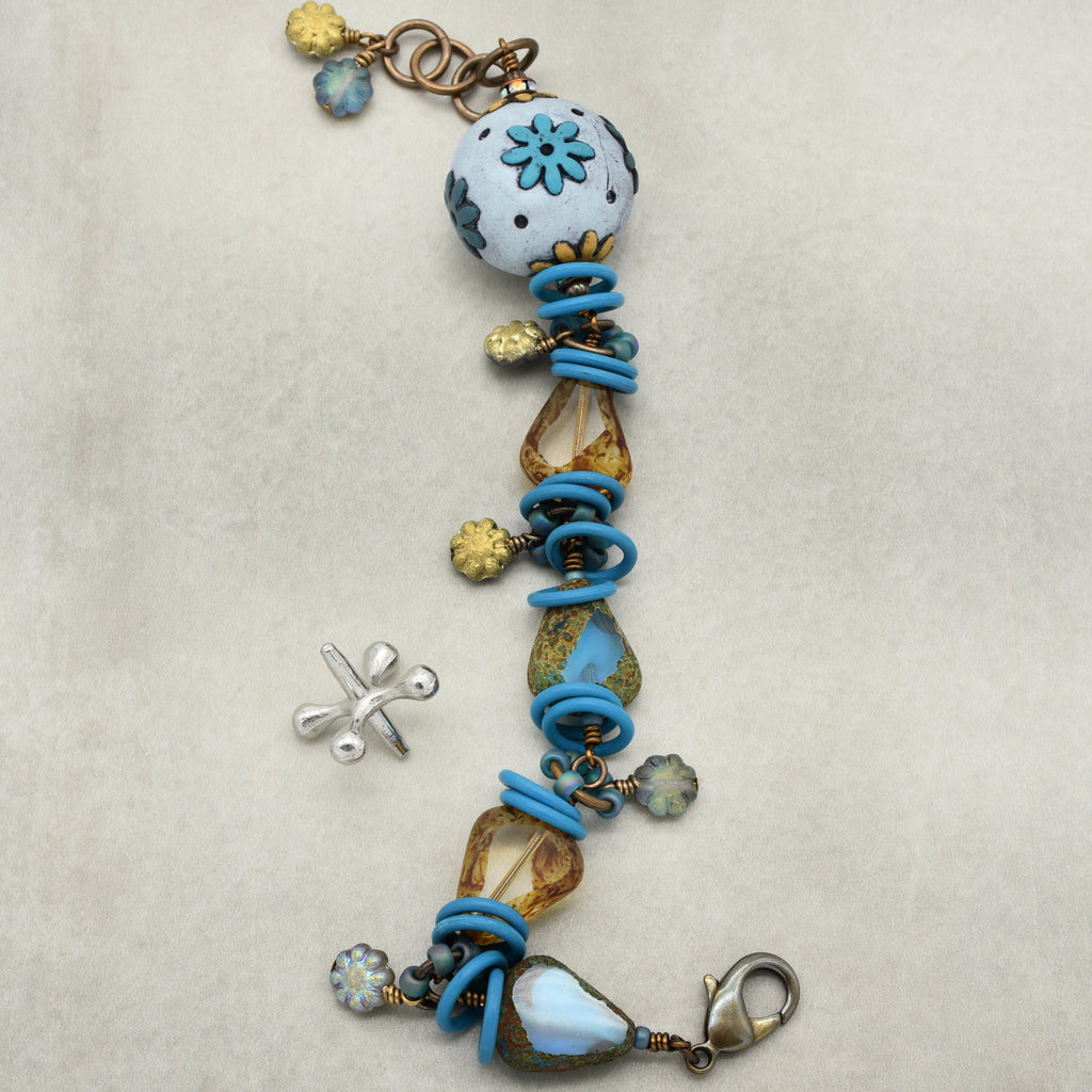 Handmade Beaded Bracelet - Denim Daisy, Artisan Polymer Clay and Czech Glass