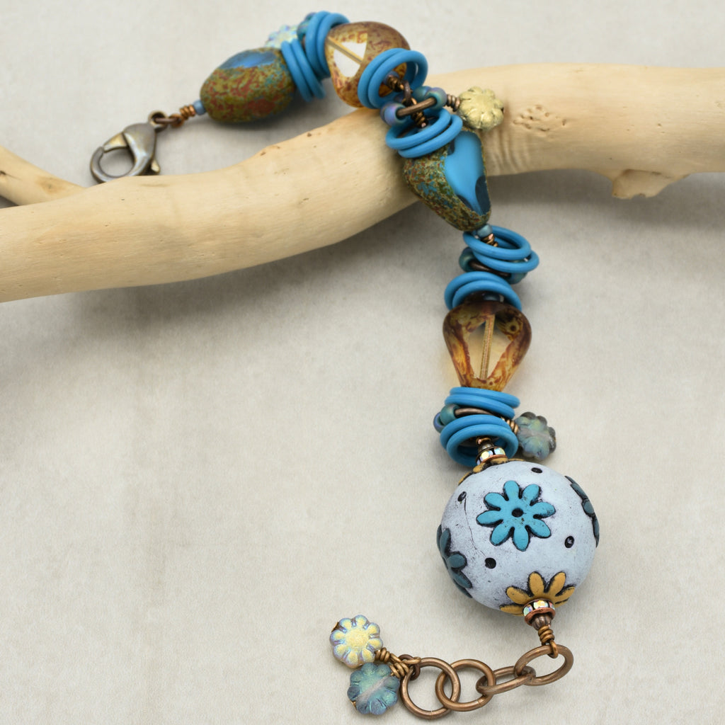 Handmade Beaded Bracelet - Denim Daisy, Artisan Polymer Clay and Czech Glass