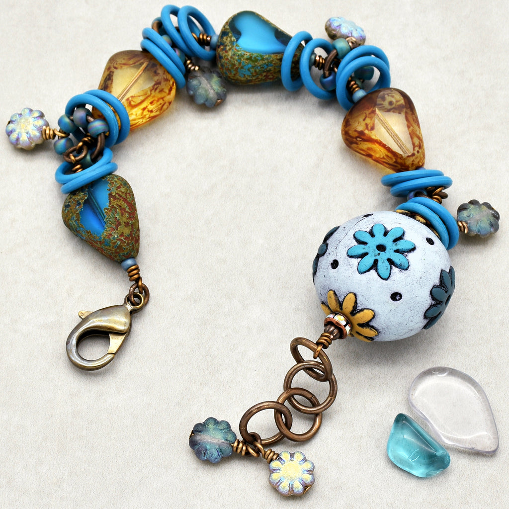 Handmade Beaded Bracelet - Denim Daisy, Artisan Polymer Clay and Czech Glass