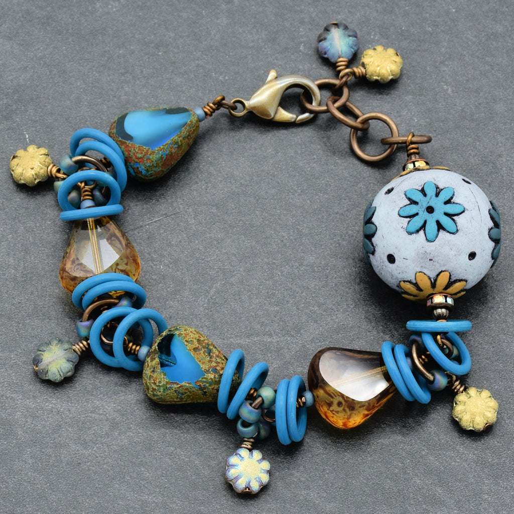 Handmade Beaded Bracelet - Denim Daisy, Artisan Polymer Clay and Czech Glass