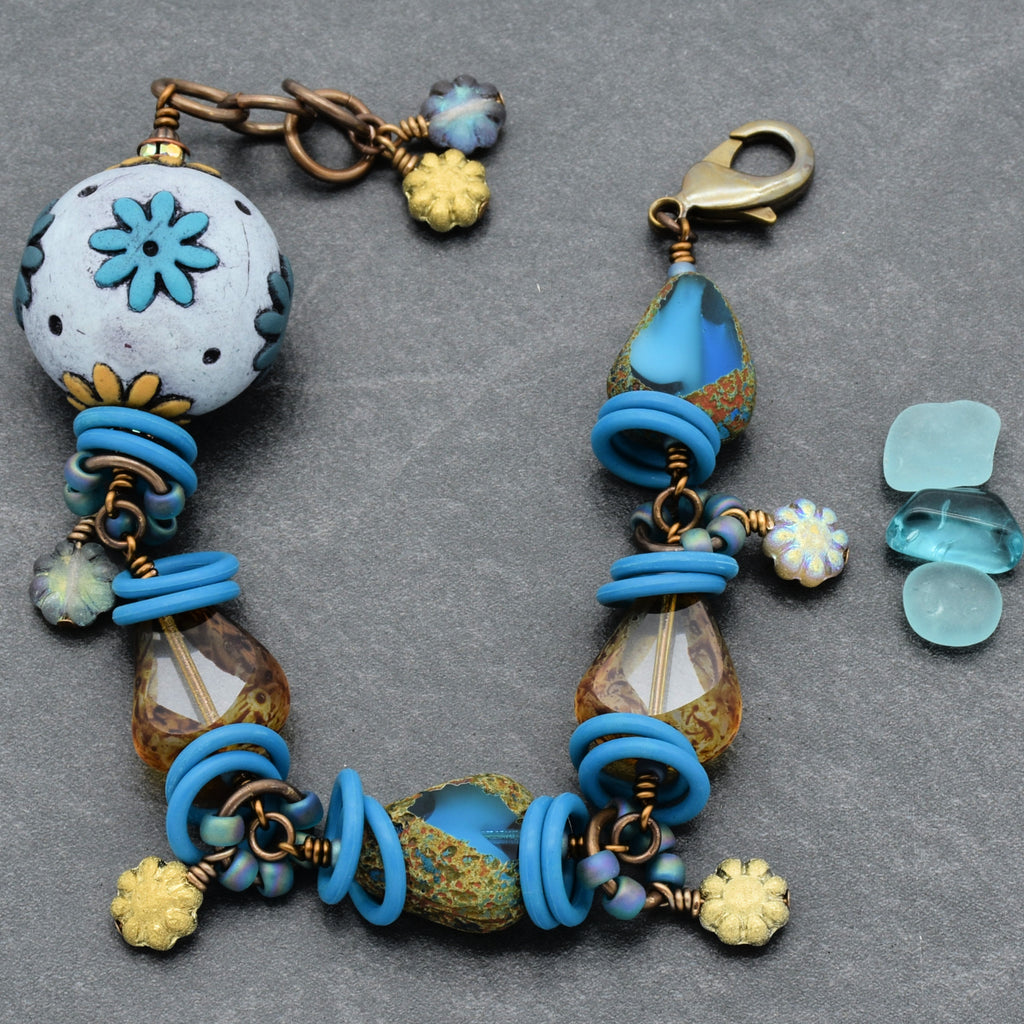 Handmade Beaded Bracelet - Denim Daisy, Artisan Polymer Clay and Czech Glass