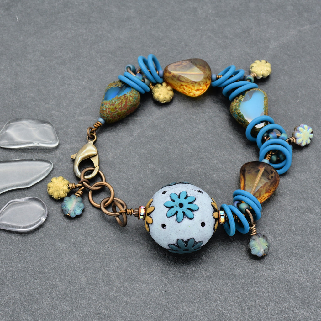 Handmade Beaded Bracelet - Denim Daisy, Artisan Polymer Clay and Czech Glass