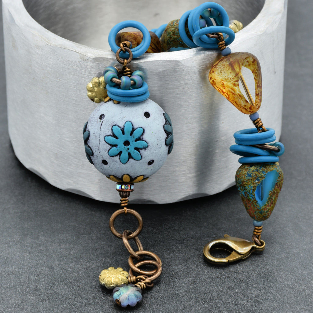 Handmade Beaded Bracelet - Denim Daisy, Artisan Polymer Clay and Czech Glass