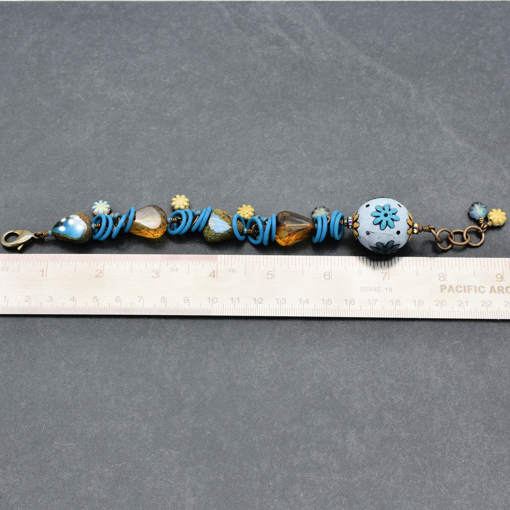 Handmade Beaded Bracelet - Denim Daisy, Artisan Polymer Clay and Czech Glass