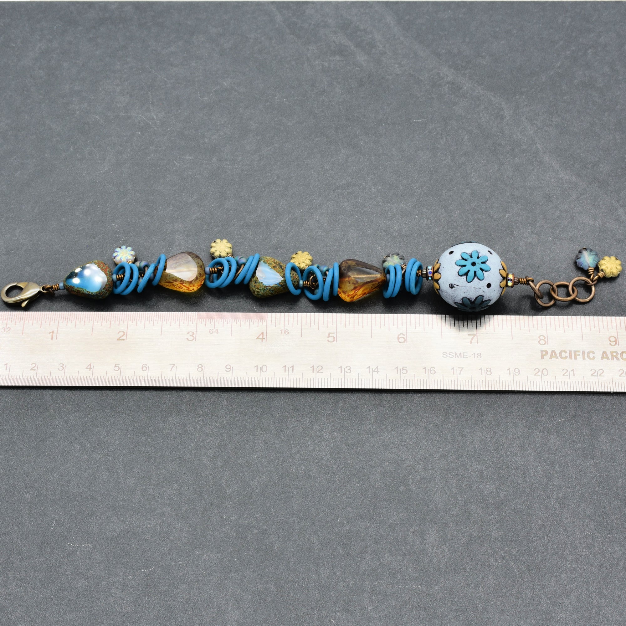 Handmade Beaded Bracelet - Denim Daisy, Artisan Polymer Clay and Czech Glass