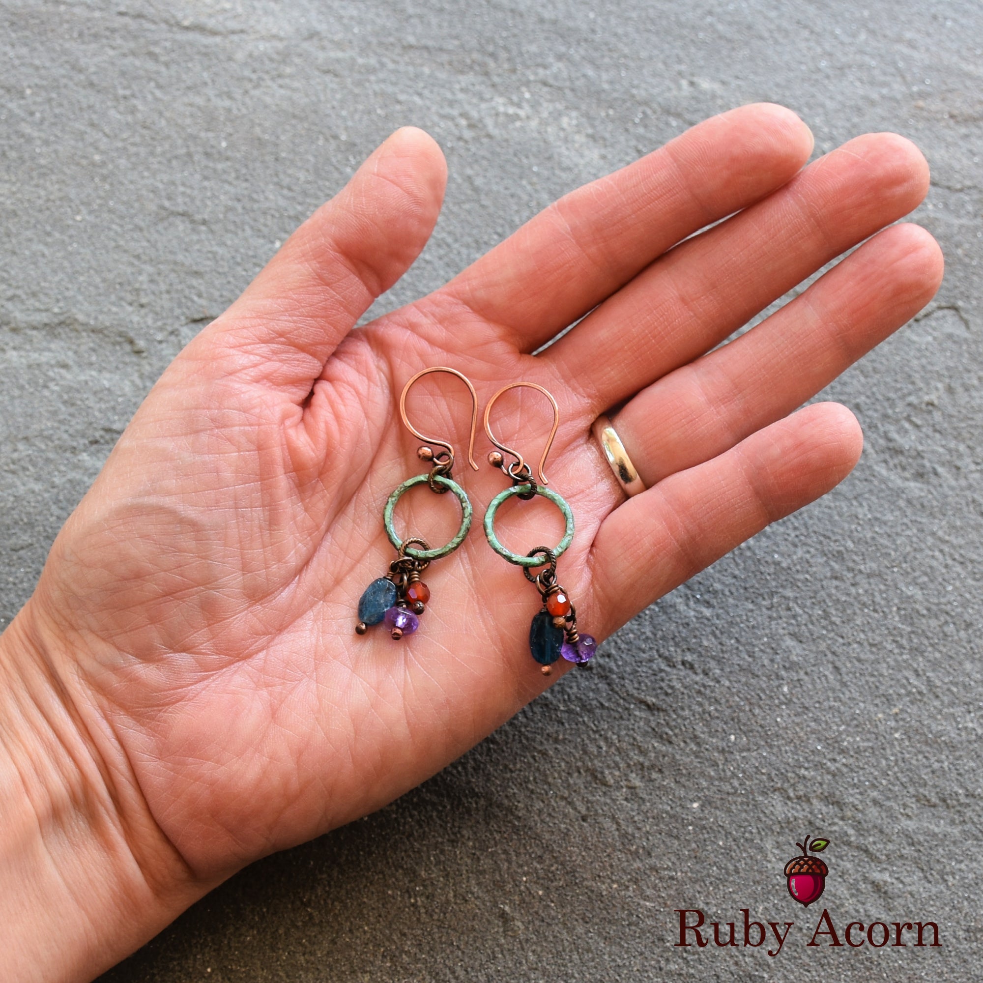 Denim Days Handmade Dangle Earrings, Amethyst, Apatite, Carnelian, Unique Mixed Media