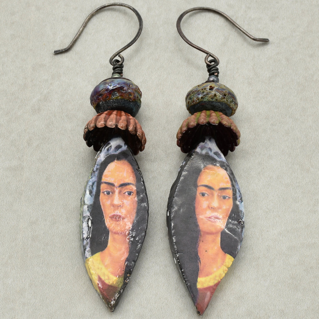 Frida Kahlo Handmade Statement Earrings - Artisan Lampwork Glass, Artisan Ceramic Charms