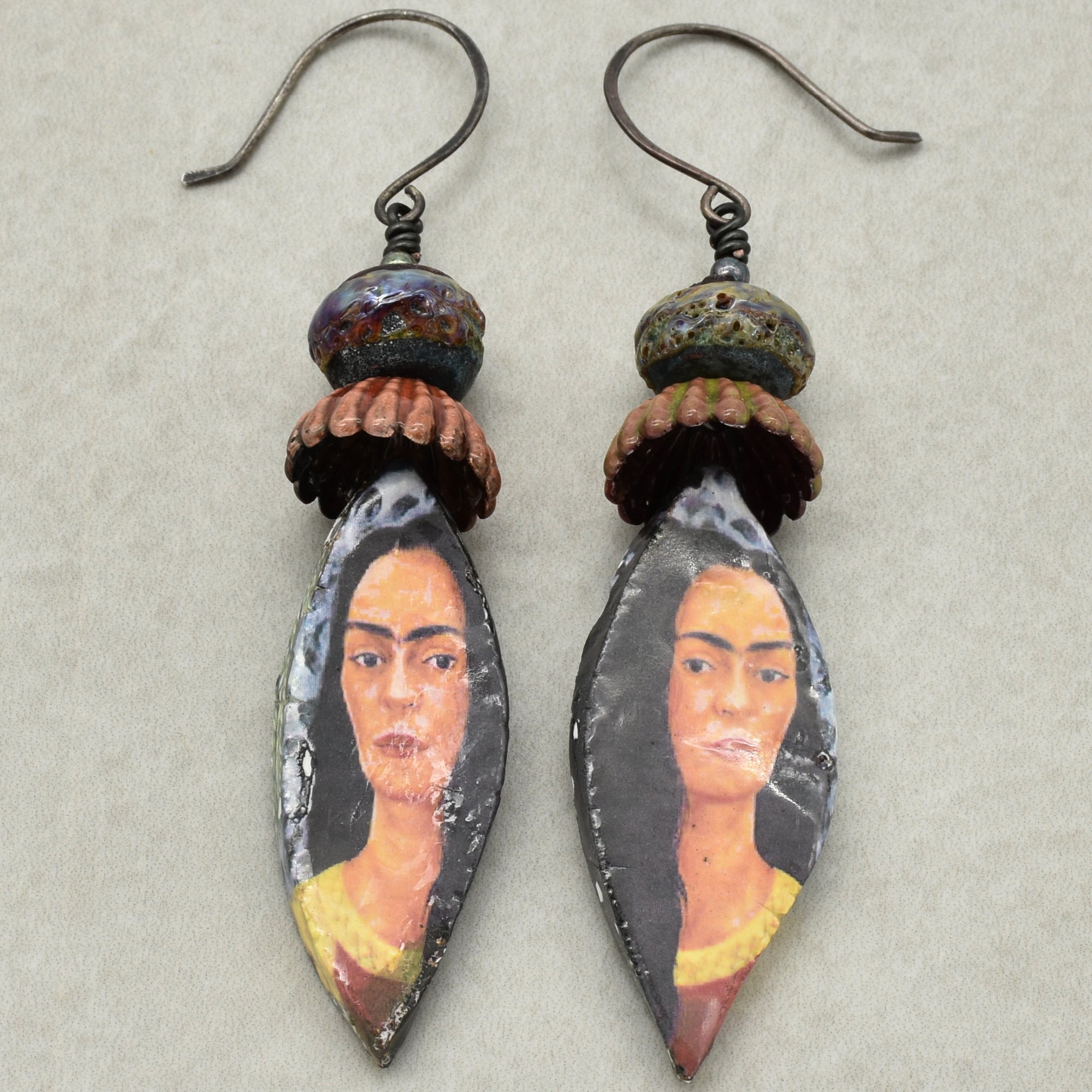 Frida Kahlo Handmade Statement Earrings - Artisan Lampwork Glass, Artisan Ceramic Charms