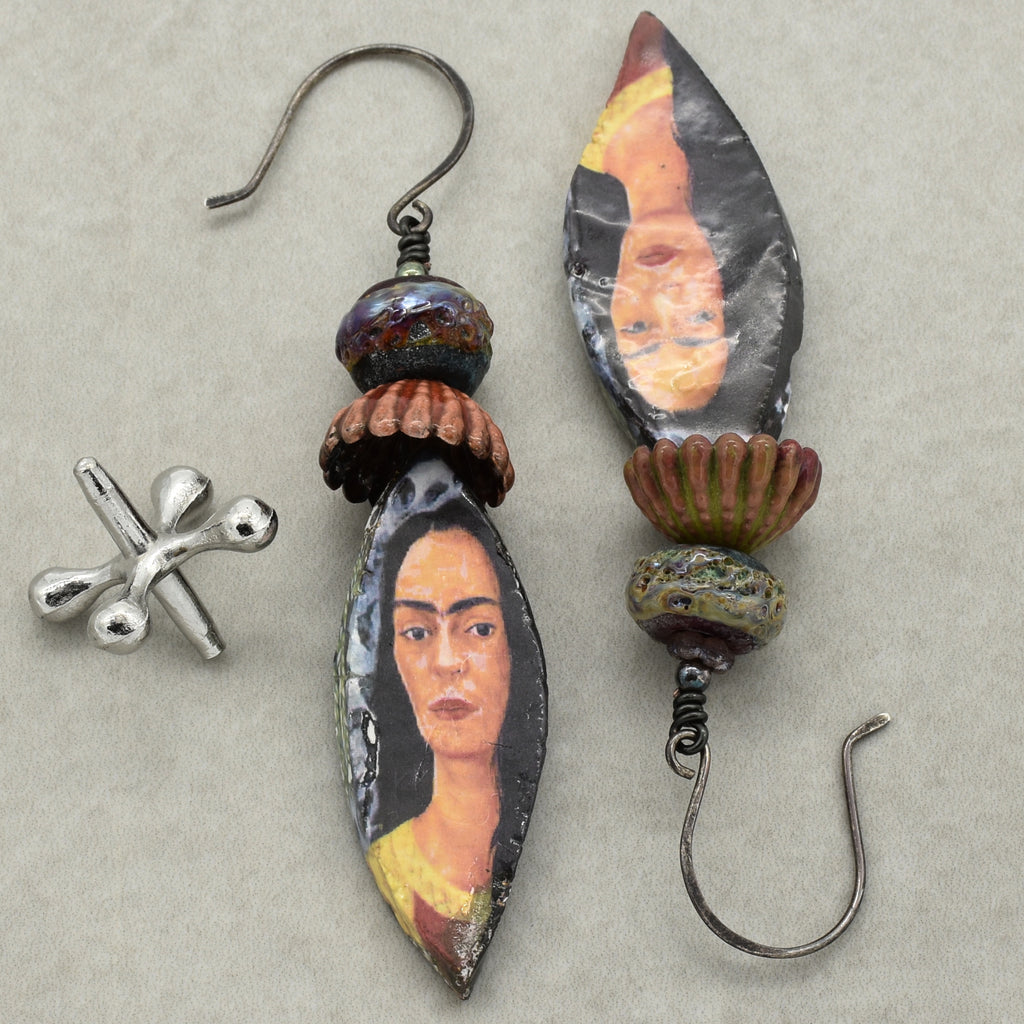 Frida Kahlo Handmade Statement Earrings - Artisan Lampwork Glass, Artisan Ceramic Charms