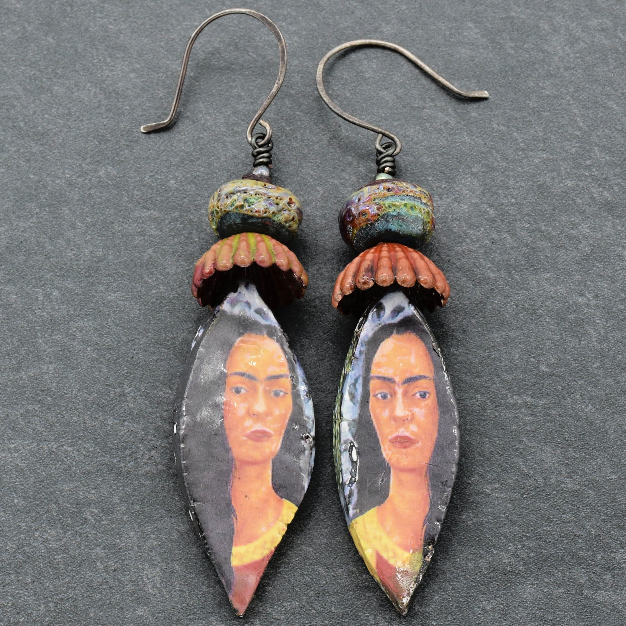 Frida Kahlo Handmade Statement Earrings - Artisan Lampwork Glass, Artisan Ceramic Charms