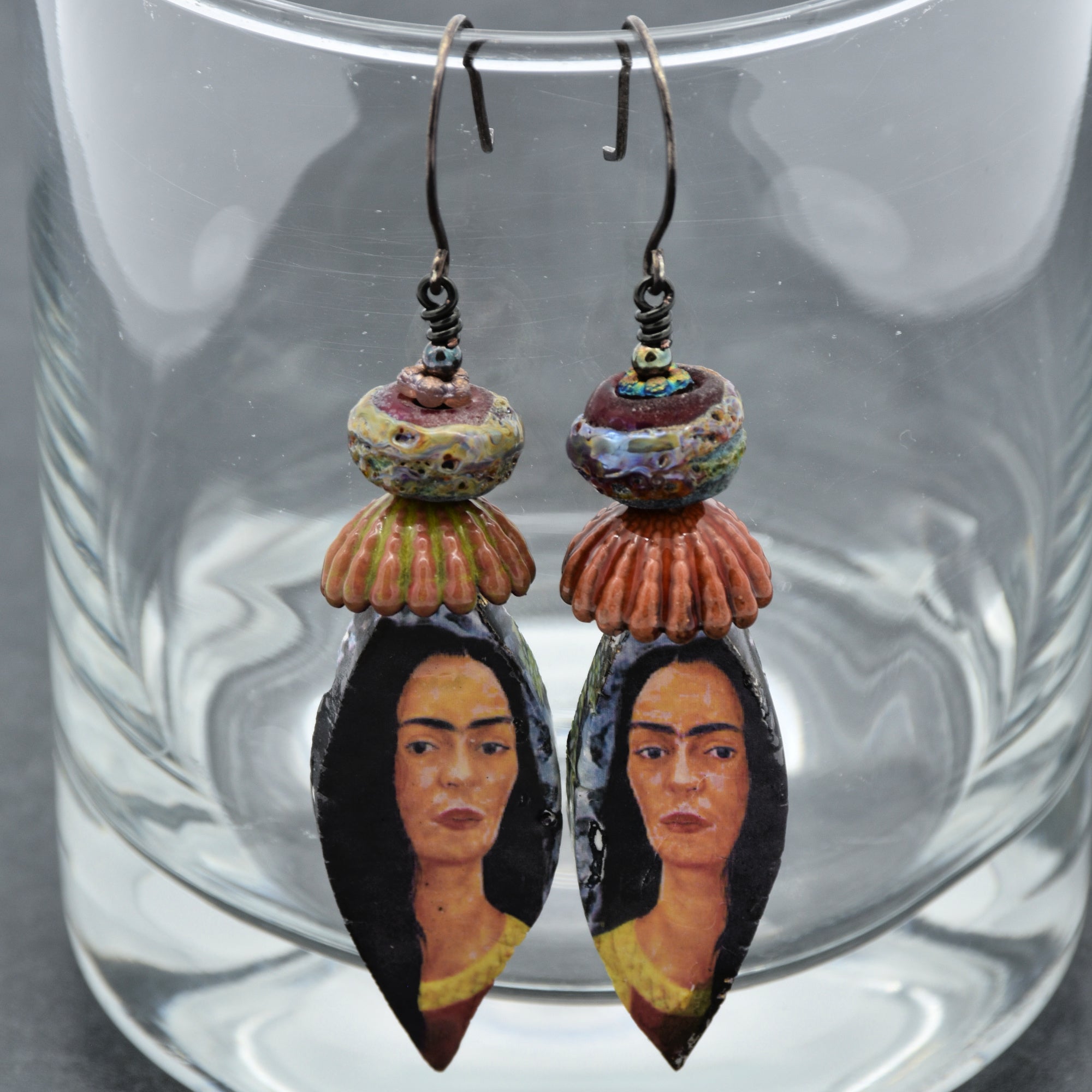 Frida Kahlo Handmade Statement Earrings - Artisan Lampwork Glass, Artisan Ceramic Charms