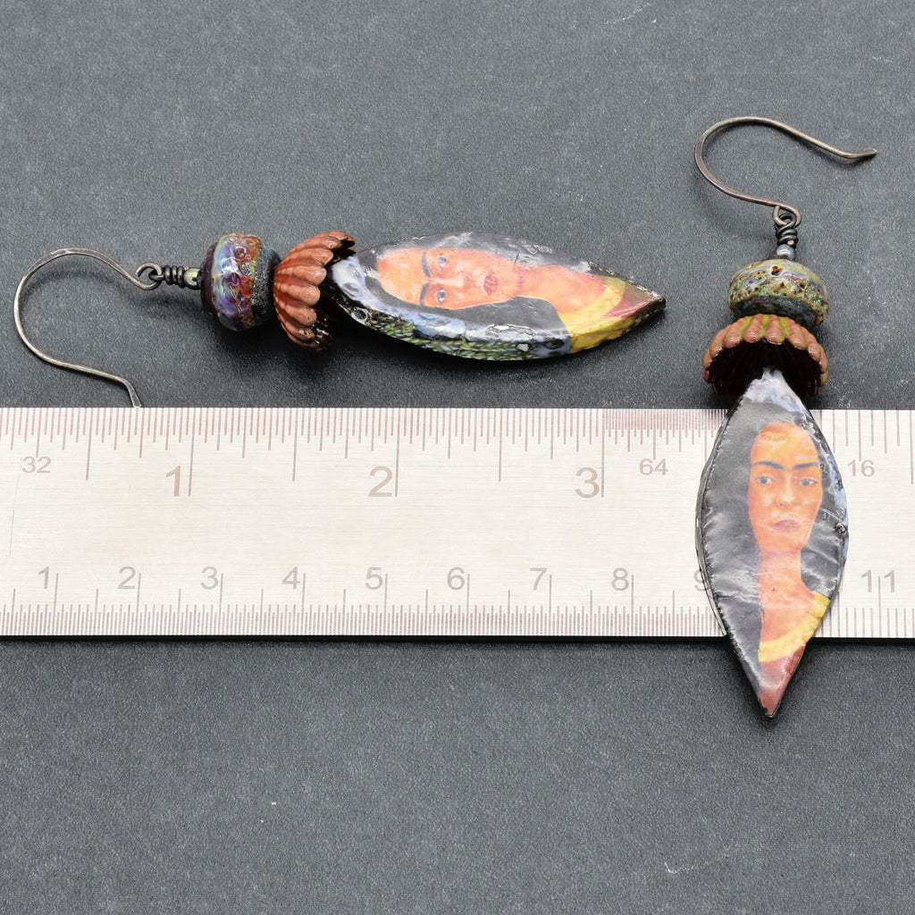 Frida Kahlo Handmade Statement Earrings - Artisan Lampwork Glass, Artisan Ceramic Charms