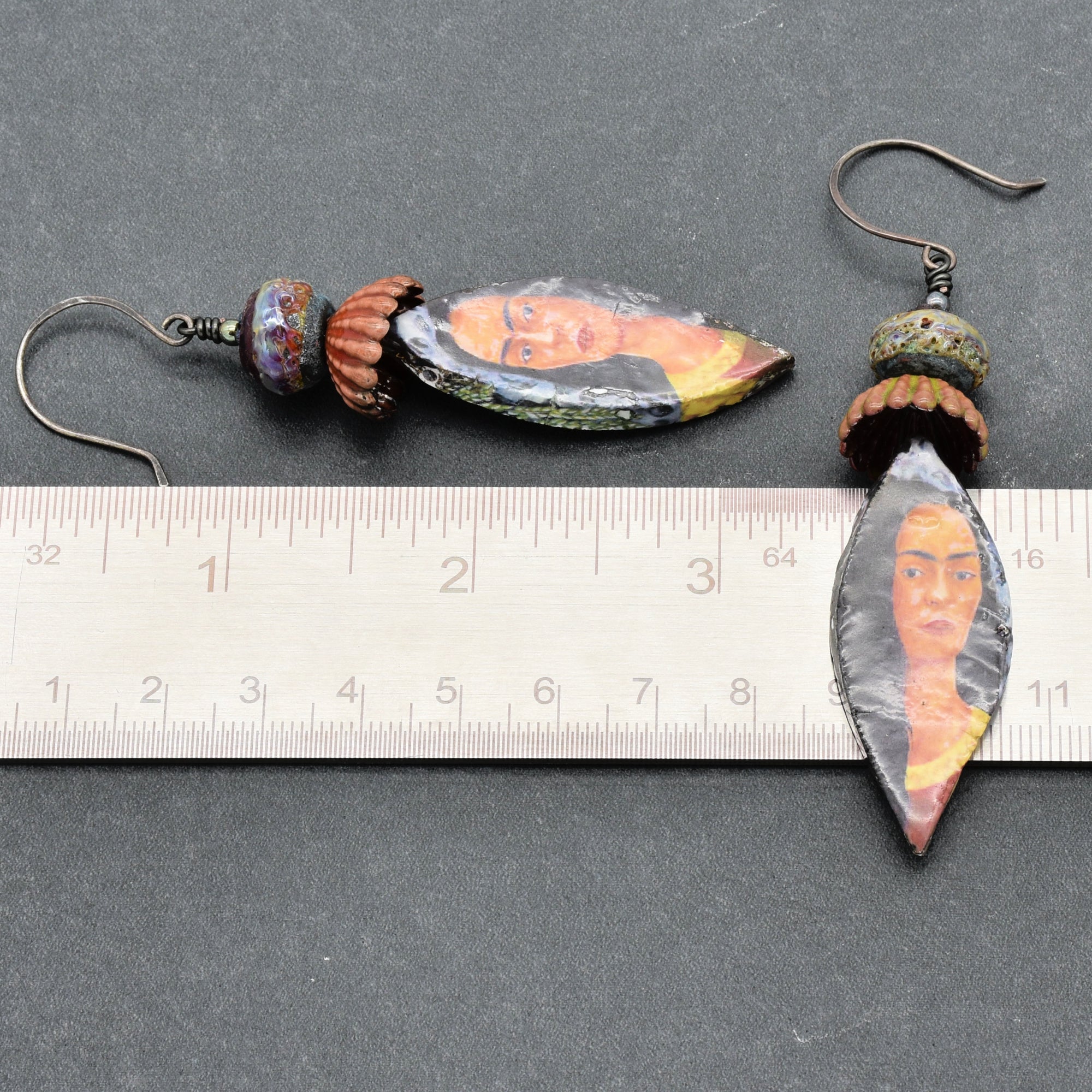 Frida Kahlo Handmade Statement Earrings - Artisan Lampwork Glass, Artisan Ceramic Charms