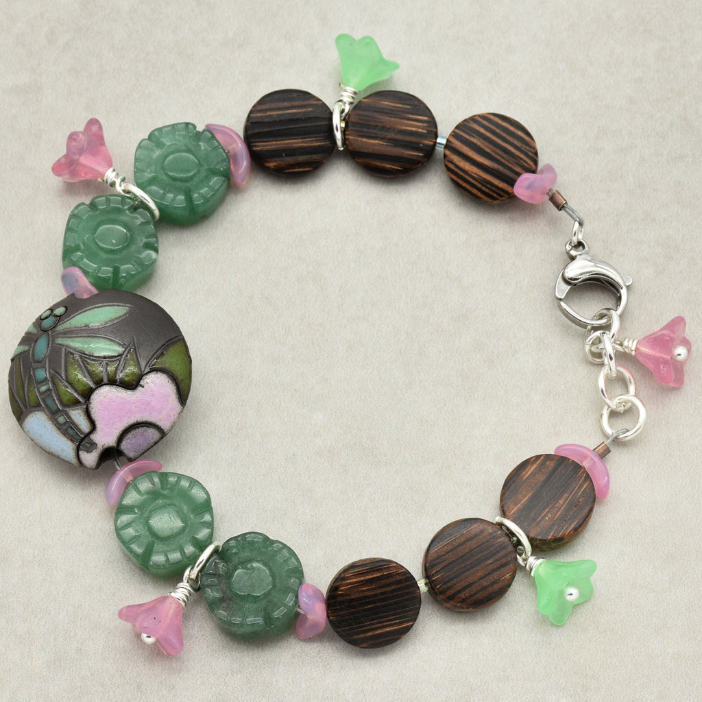 Dragonfly Pond Handmade Beaded Bracelet with Artisan Ceramic Focal, Green Aventurine, Wood, Czech Glass and Stainless Steel