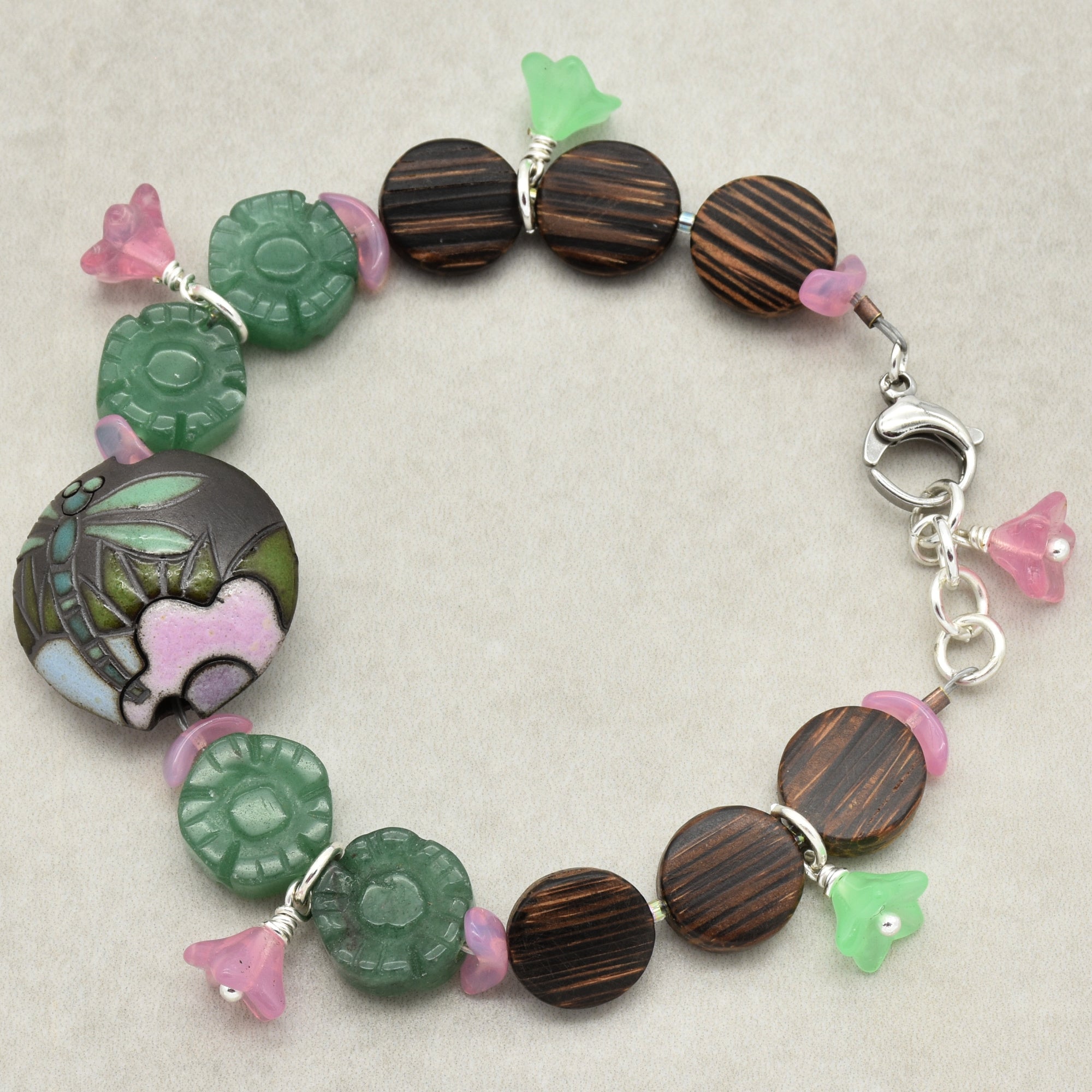 Dragonfly Pond Handmade Beaded Bracelet with Artisan Ceramic Focal, Green Aventurine, Wood, Czech Glass and Stainless Steel