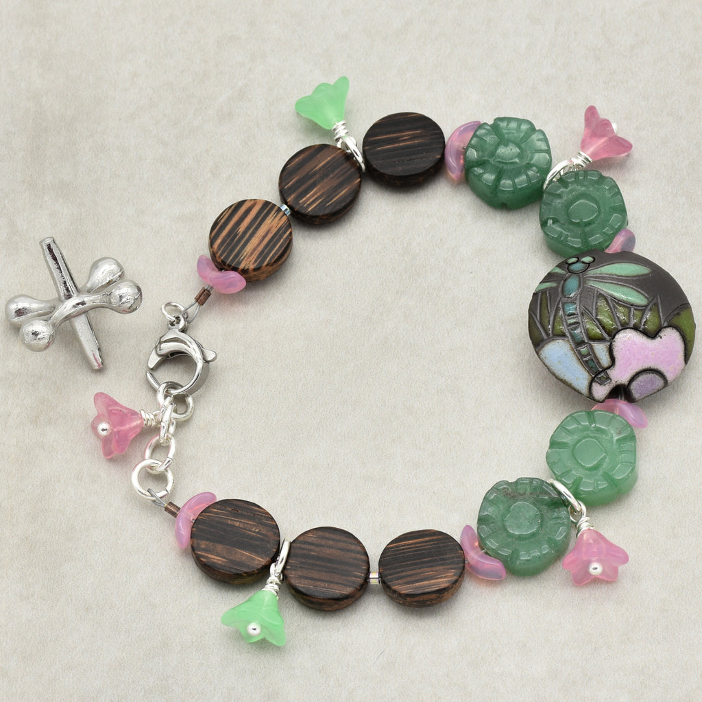 Dragonfly Pond Handmade Beaded Bracelet with Artisan Ceramic Focal, Green Aventurine, Wood, Czech Glass and Stainless Steel