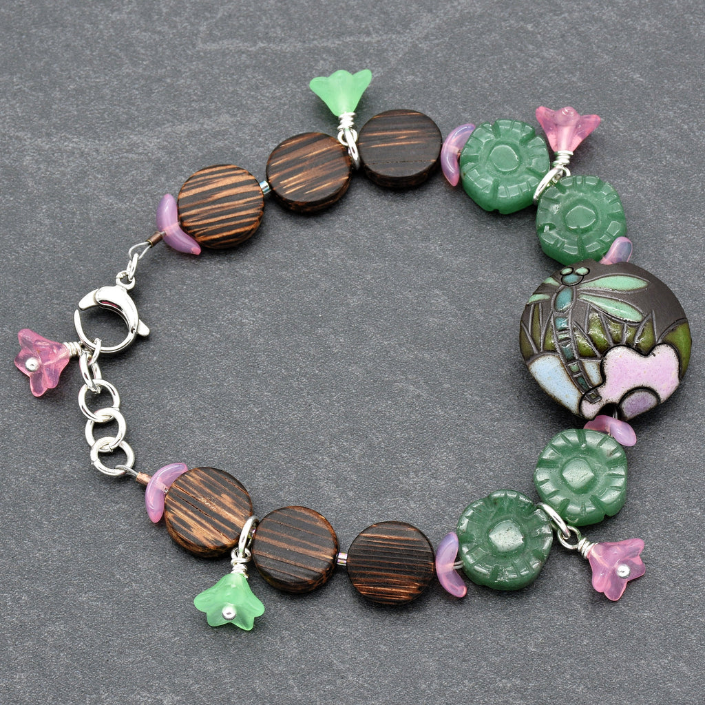 Dragonfly Pond Handmade Beaded Bracelet with Artisan Ceramic Focal, Green Aventurine, Wood, Czech Glass and Stainless Steel