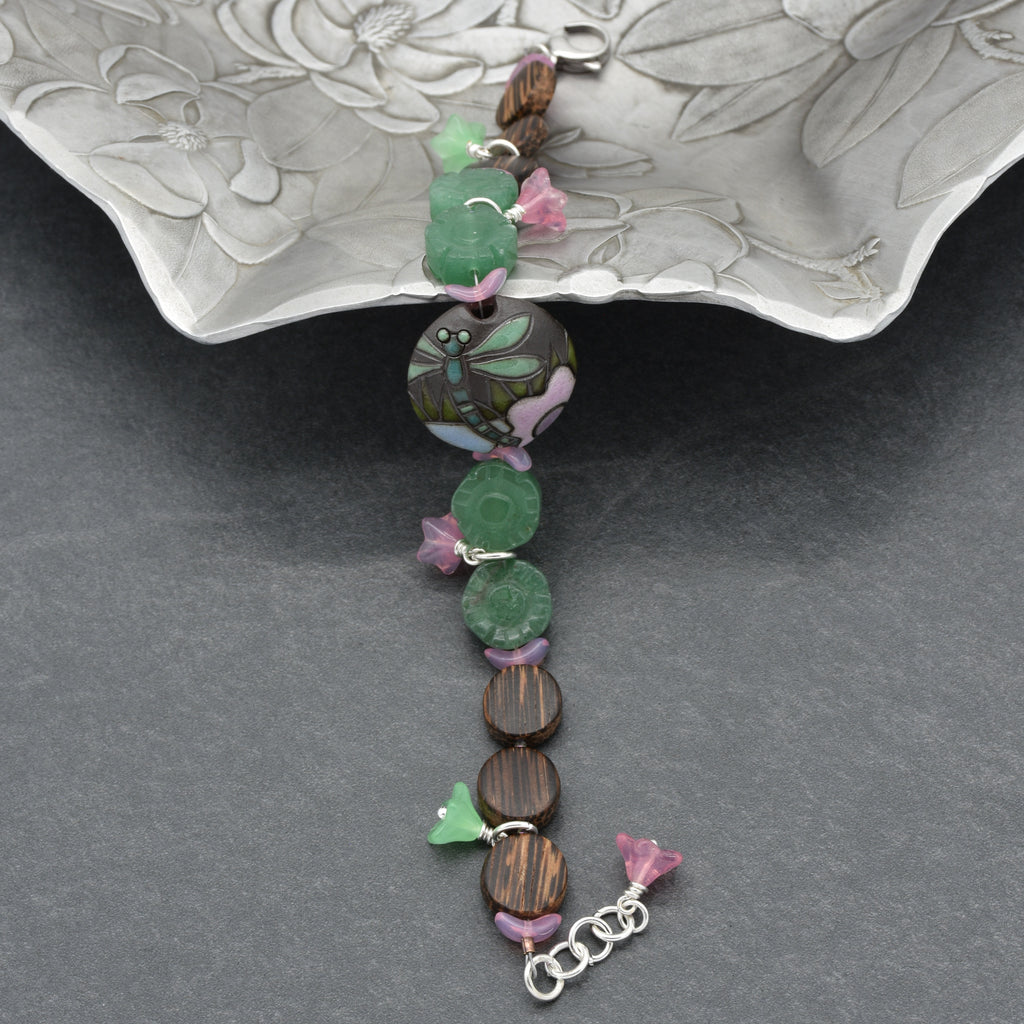 Dragonfly Pond Handmade Beaded Bracelet with Artisan Ceramic Focal, Green Aventurine, Wood, Czech Glass and Stainless Steel
