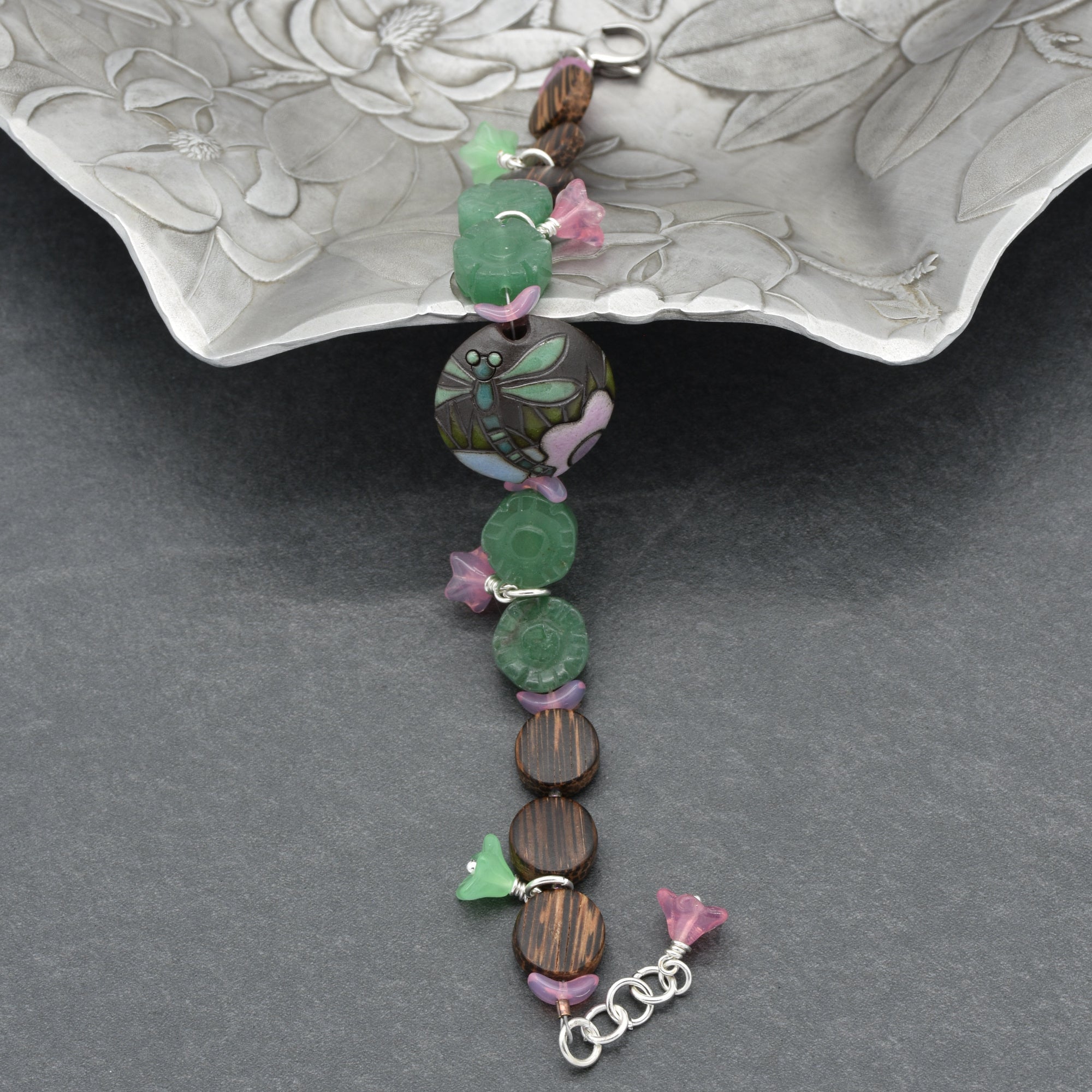 Dragonfly Pond Handmade Beaded Bracelet with Artisan Ceramic Focal, Green Aventurine, Wood, Czech Glass and Stainless Steel