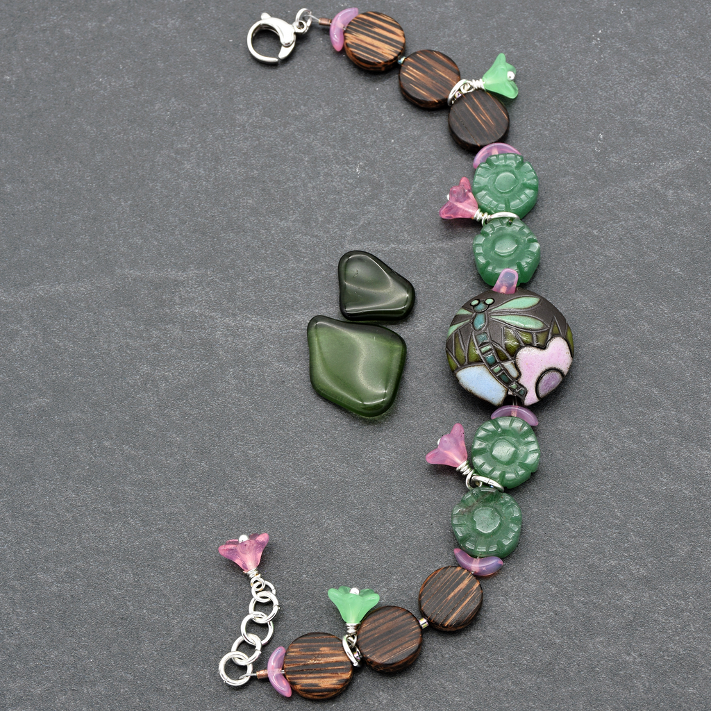 Dragonfly Pond Handmade Beaded Bracelet with Artisan Ceramic Focal, Green Aventurine, Wood, Czech Glass and Stainless Steel