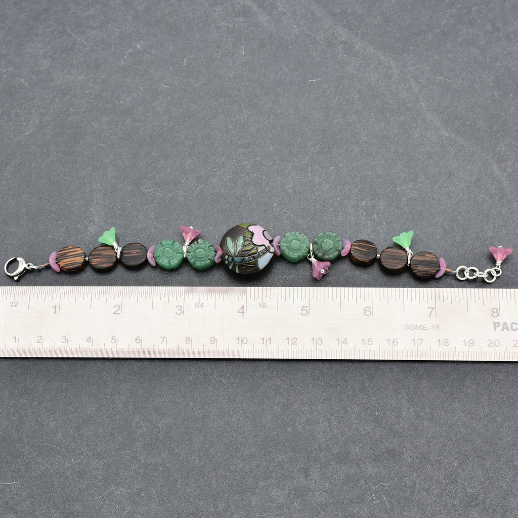 Dragonfly Pond Handmade Beaded Bracelet with Artisan Ceramic Focal, Green Aventurine, Wood, Czech Glass and Stainless Steel