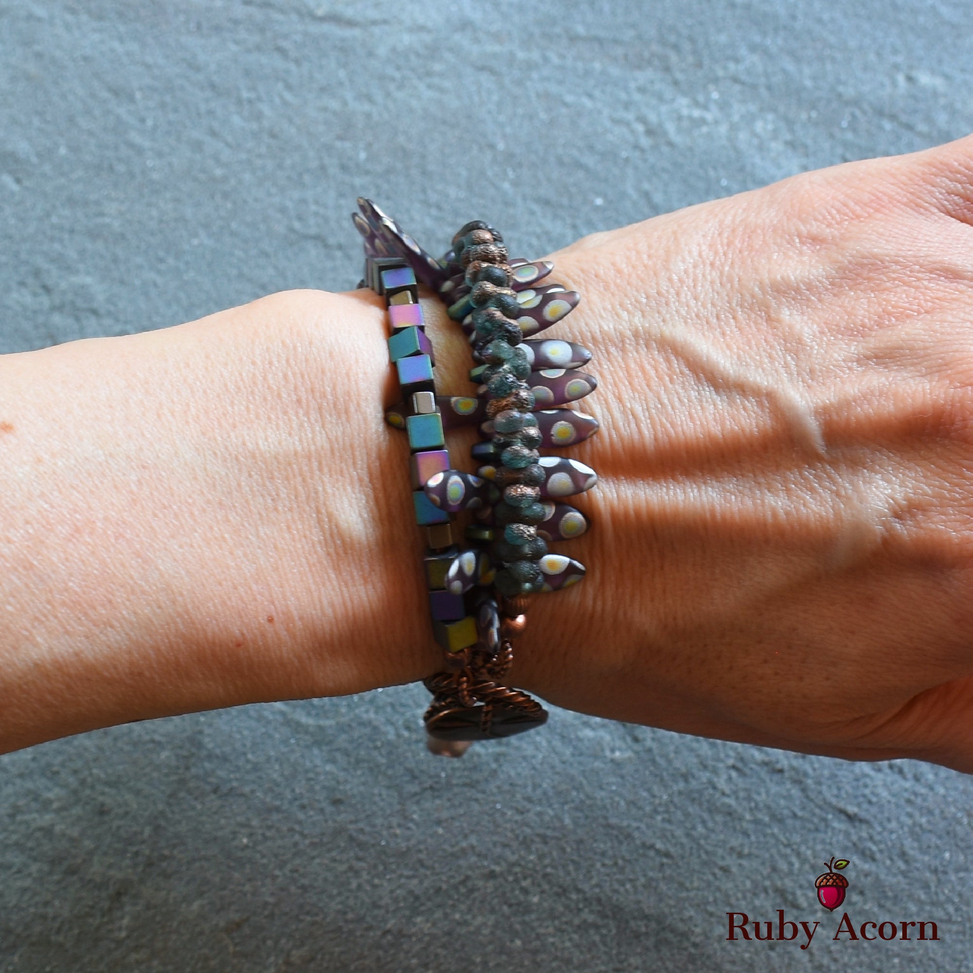 Dragonfly Wings Triple Strand Handmade Beaded Bracelet with Artisan Copper Charm, Peacock Ore Cubes and Czech Glass Daggers