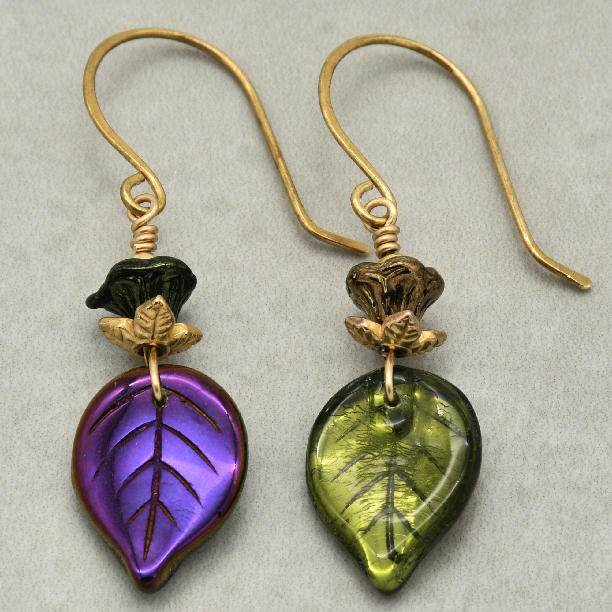 Falling Leaves Czech Glass Earrings - Handmade Olive Green and Purple