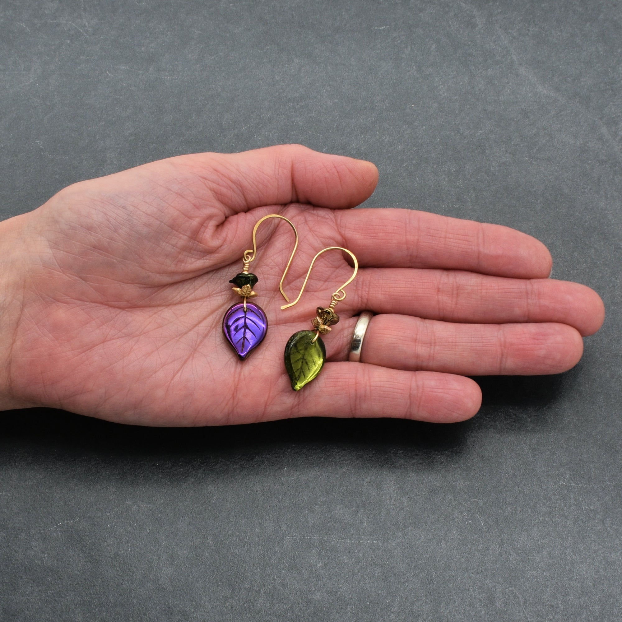 Falling Leaves Czech Glass Earrings - Handmade Olive Green and Purple
