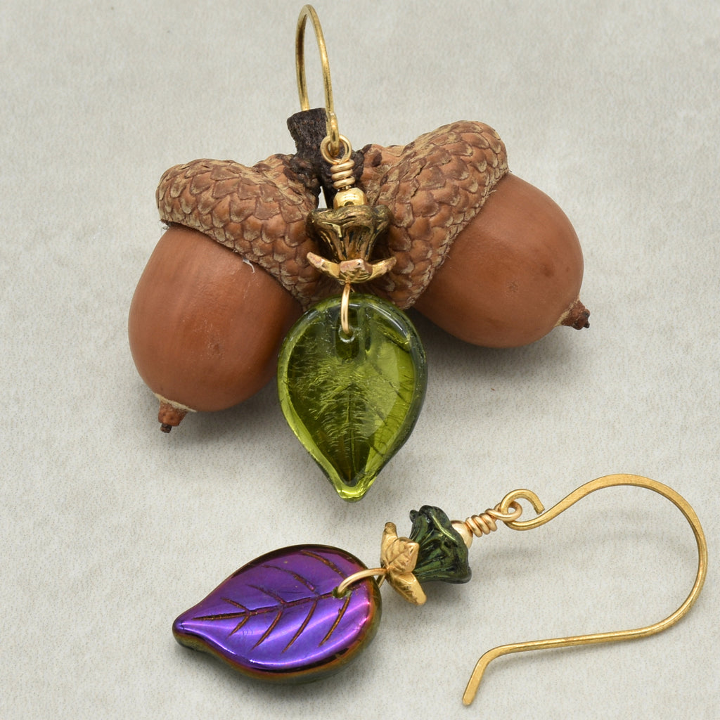 Falling Leaves Czech Glass Earrings - Handmade Olive Green and Purple