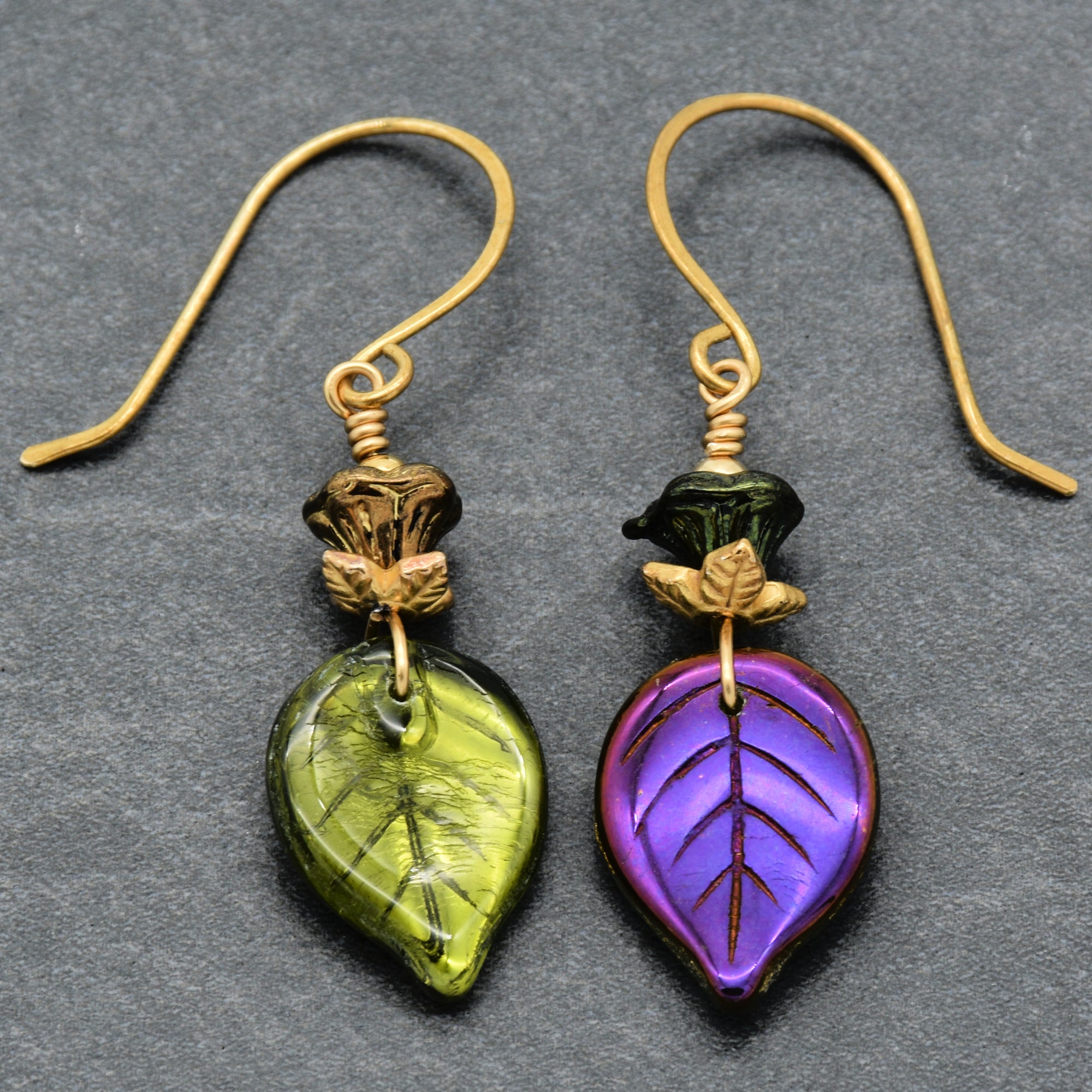 Falling Leaves Czech Glass Earrings - Handmade Olive Green and Purple