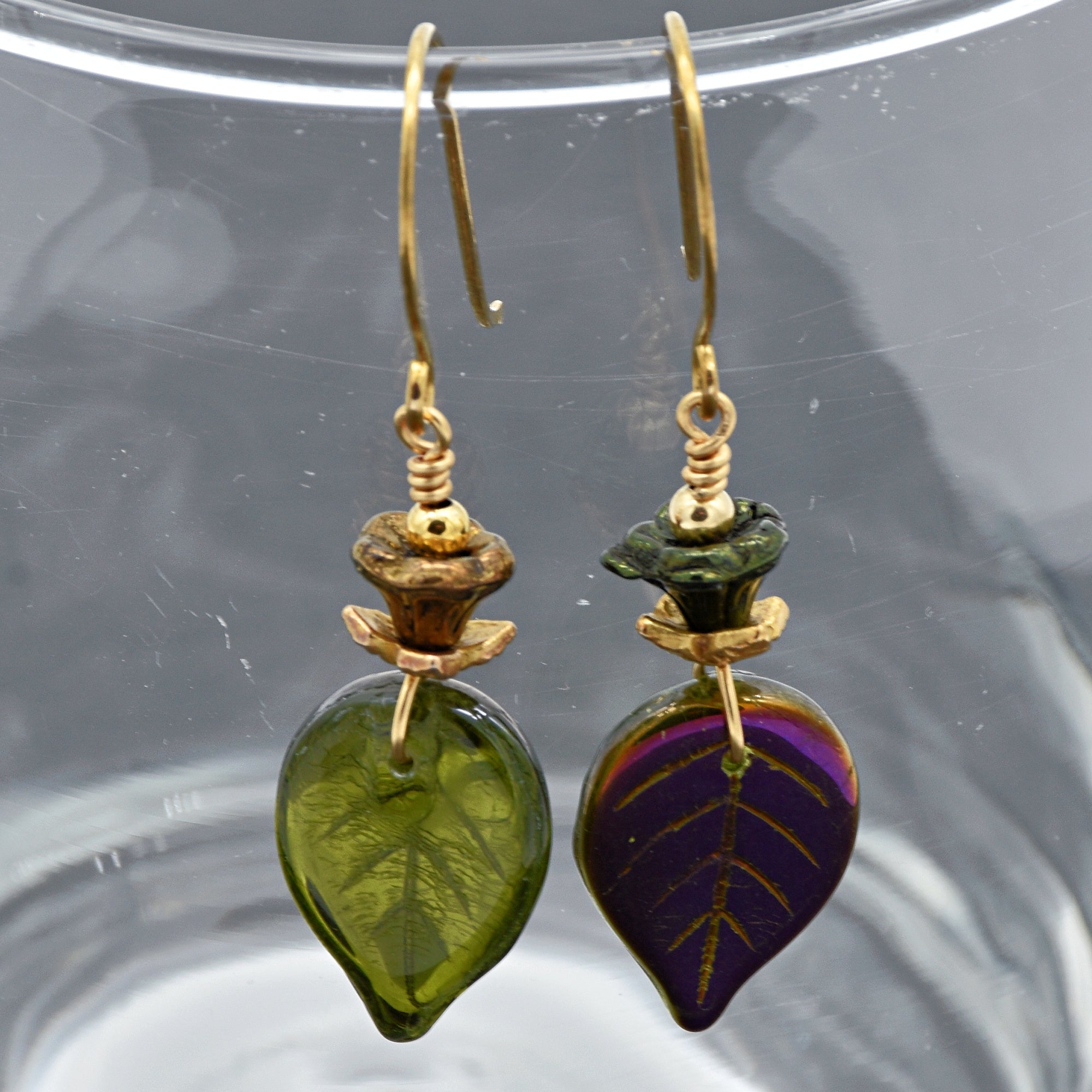 Falling Leaves Czech Glass Earrings - Handmade Olive Green and Purple