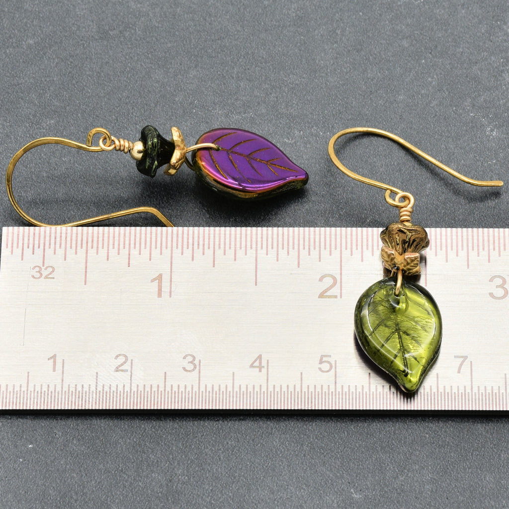 Falling Leaves Czech Glass Earrings - Handmade Olive Green and Purple