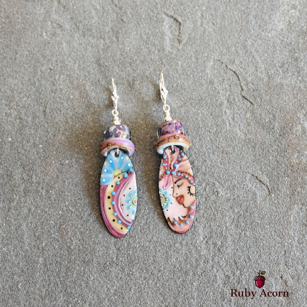 Flamenco Handmade Dangle Earrings, Artisan Lampwork Glass, Artisan Enameled Charms Sterling Silver Ear Wires, Asymmetrical