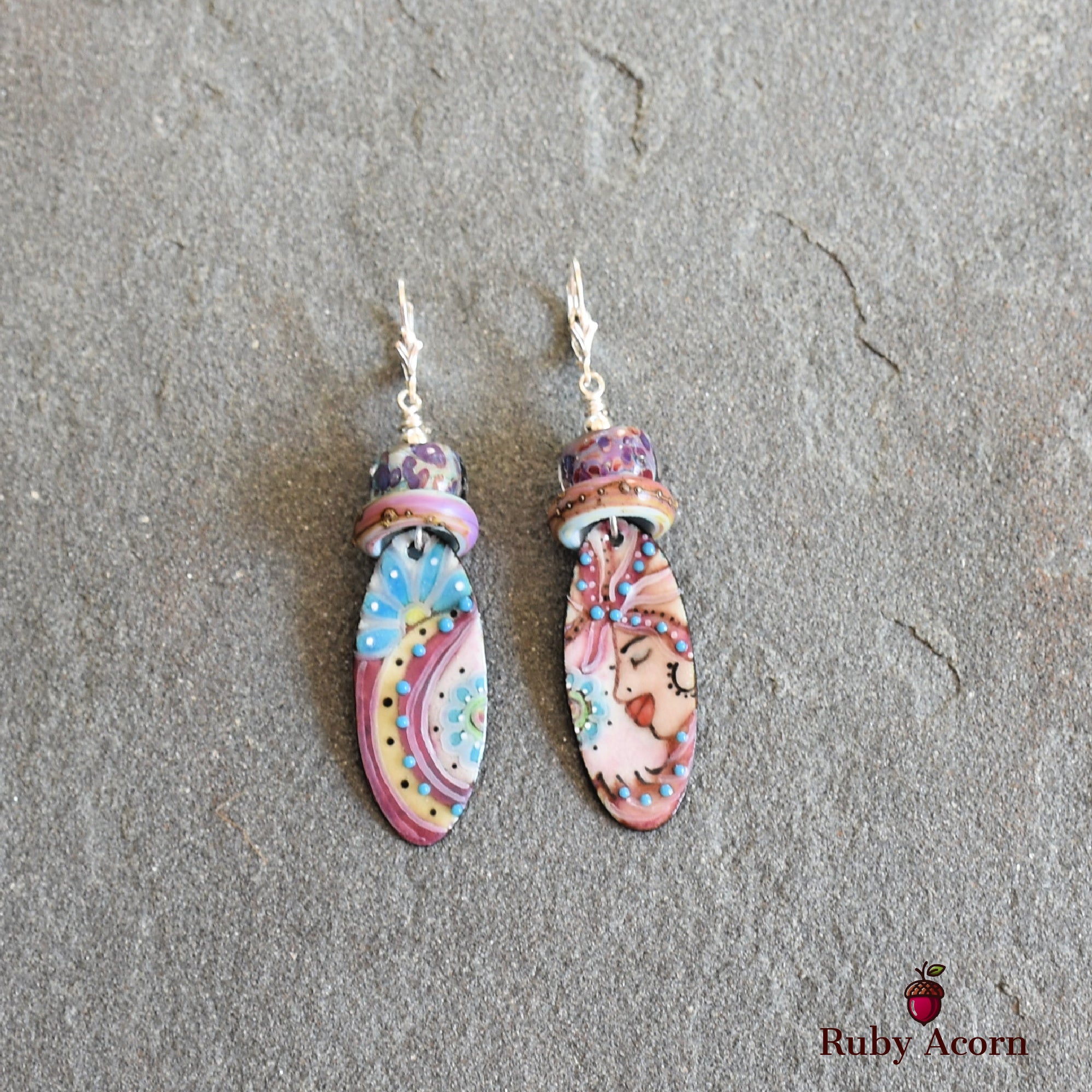 Flamenco Handmade Dangle Earrings, Artisan Lampwork Glass, Artisan Enameled Charms Sterling Silver Ear Wires, Asymmetrical