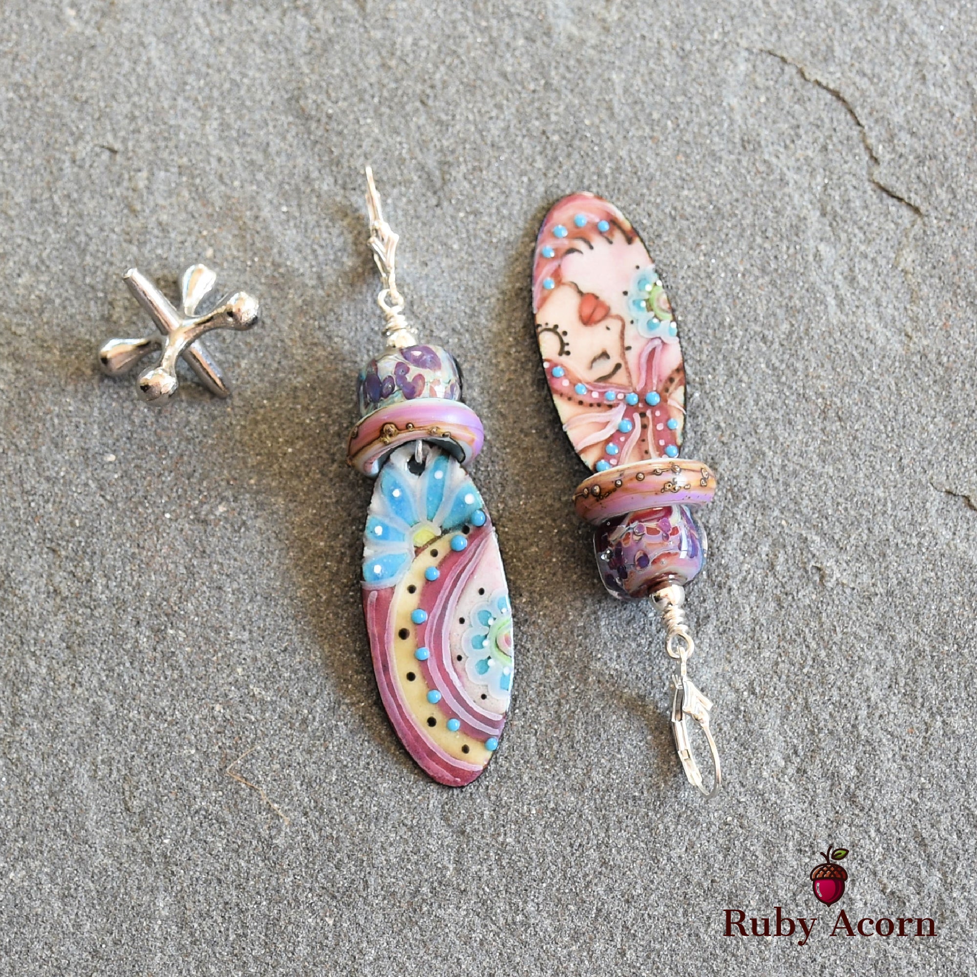 Flamenco Handmade Dangle Earrings, Artisan Lampwork Glass, Artisan Enameled Charms Sterling Silver Ear Wires, Asymmetrical