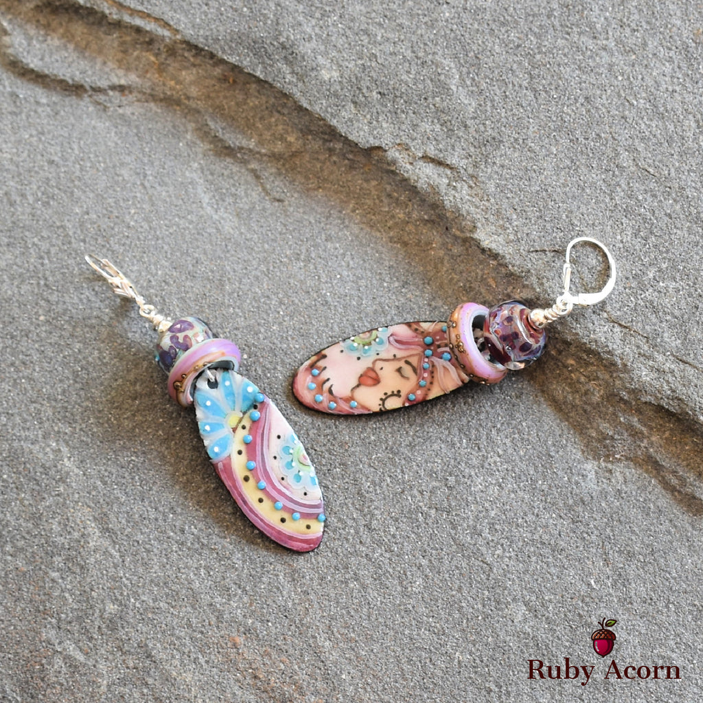 Flamenco Handmade Dangle Earrings, Artisan Lampwork Glass, Artisan Enameled Charms Sterling Silver Ear Wires, Asymmetrical