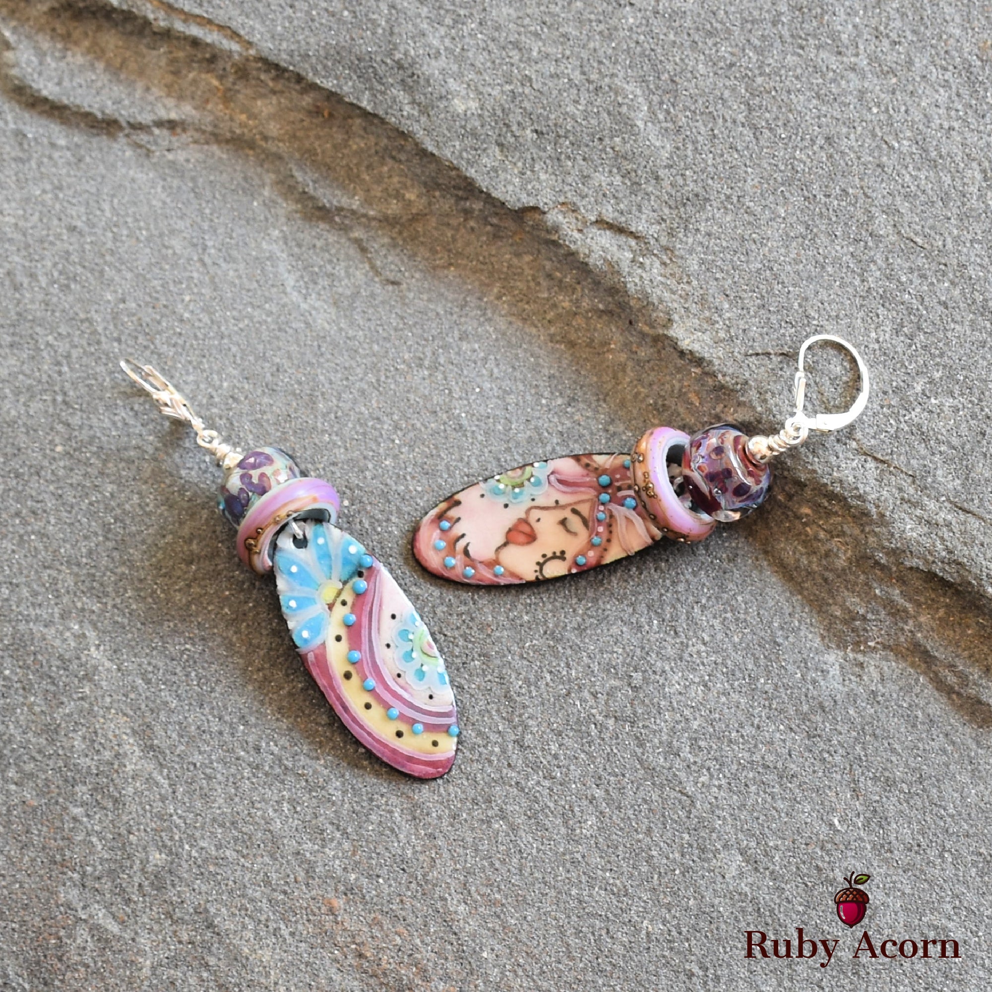 Flamenco Handmade Dangle Earrings, Artisan Lampwork Glass, Artisan Enameled Charms Sterling Silver Ear Wires, Asymmetrical