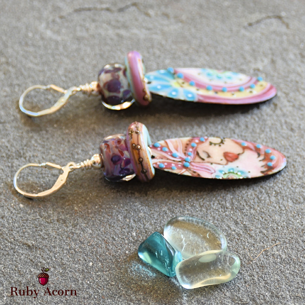 Flamenco Handmade Dangle Earrings, Artisan Lampwork Glass, Artisan Enameled Charms Sterling Silver Ear Wires, Asymmetrical