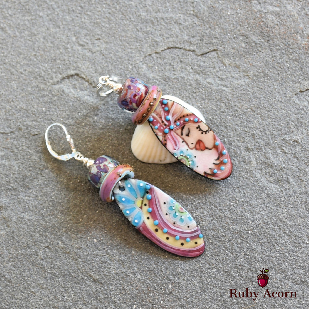 Flamenco Handmade Dangle Earrings, Artisan Lampwork Glass, Artisan Enameled Charms Sterling Silver Ear Wires, Asymmetrical